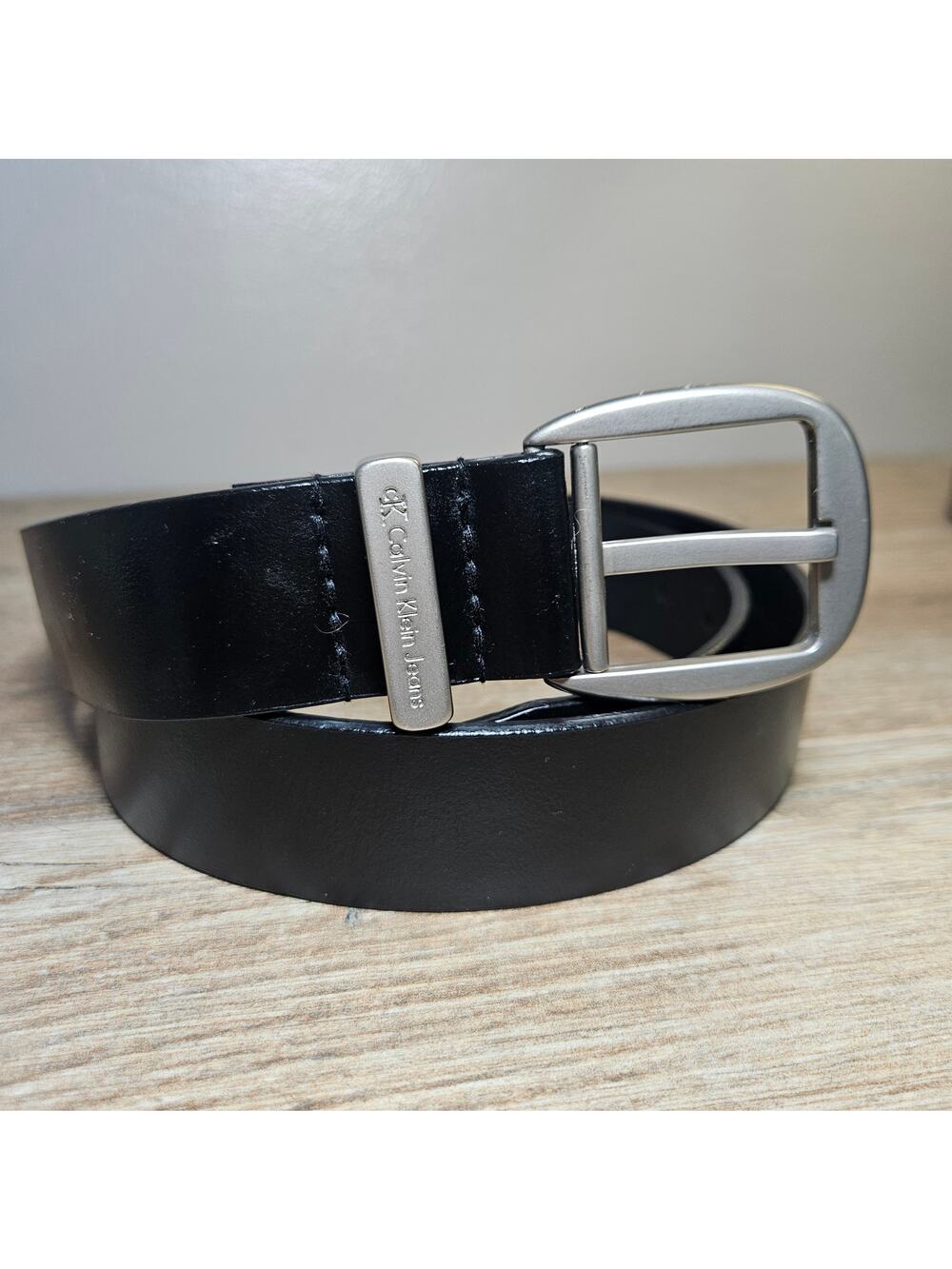 Calvin Klein Jeans Men's Black Genuine Leather Belt Silver Buckle Size Large Y2K